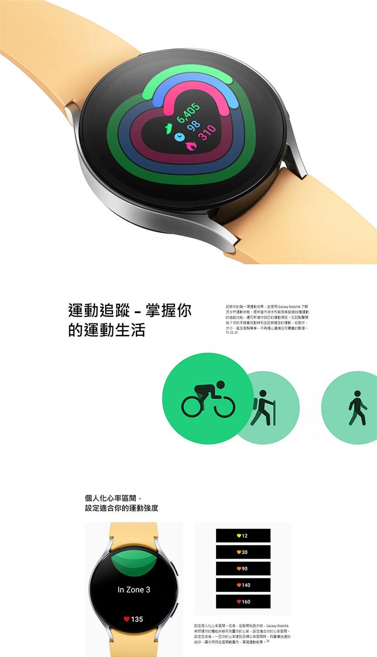 6.40598310蹤-掌握生活記錄使用 Galaxy  運動提供室内運動追功能訂運動項目忘記手並記錄的運動如步行甚至的數化設定適合的運動強度In Zone 313530160設定個人化跑步 Galaxy 將根據你的你的設定適合你的率設定完成後你的心送通知。你你區間據運動給並