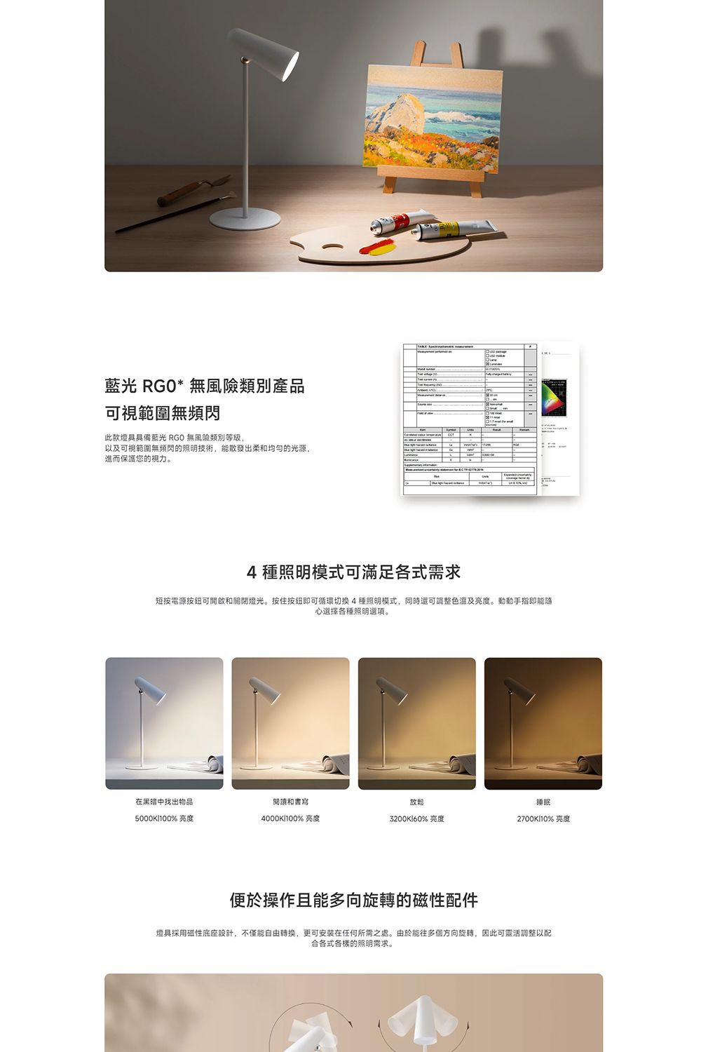 藍光 * 無產品可視範圍無頻閃此款燈具具備藍光 RGO 無風險類別等級,以及可視範圍無頻閃的照明技術,能散發出柔和均勻的光源,進而保護您的視力。4 種照明模式可滿足各式需求短按電源按鈕可開啟和關閉燈光。按住按鈕即可循環切換4種照明模式,同時還可調整及。動手指即能随心選擇各種照明選項。在黑暗中找出物品閱讀和書寫放鬆睡眠5000K100% 亮度4000K100%亮度3200K60%亮度2700K10% 亮度便於操作且能多向旋轉的磁性配件燈具採用磁性底座設計,不僅能自由,更可安装在任何所需之處。由於能往多個方向旋轉,因此可靈活調整以配的照明需求。