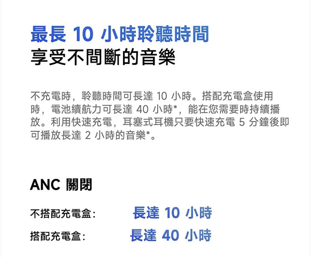 最長  小時聆聽時間享受不間斷的音樂不充電時,聆聽時間可長達  小時。搭配充電盒使用時,電池續航力可長達40 小時*,能在您需要時持續播放。利用快速充電,耳塞式耳機只要快速充電5 分鐘後即可播放長達2小時的音樂*。ANC 關閉不搭配充電盒:長達 10 小時搭配充電盒:長達40小時