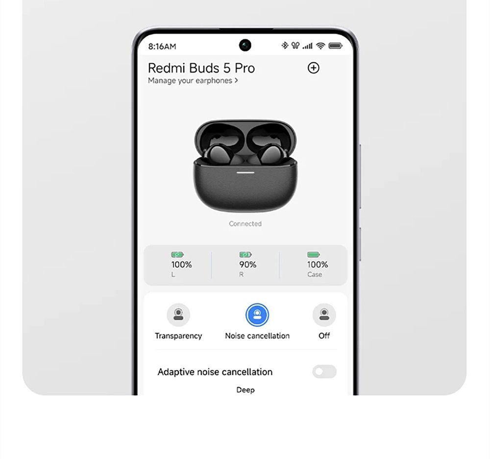 8:16AMRedmi Buds 5 ProManage your earphones Connected100%L90%R100%CaseTransparencyNoise cancellationOffAdaptive noise cancellationDeep