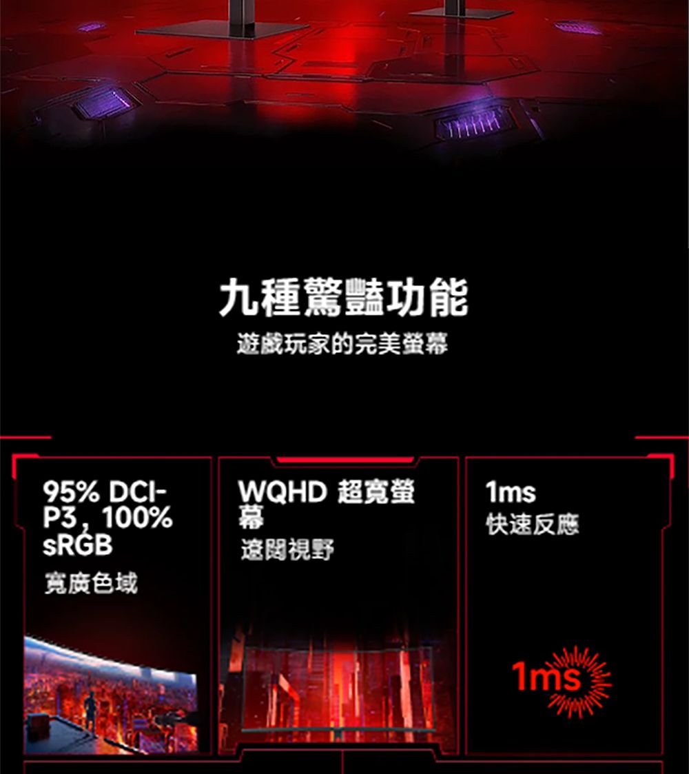 九種驚豔功能遊戲玩家的完美幕95% DCI-P3,100%SRGB寬廣色域WQHD 超寬螢幕遼闊視野1ms快速反應