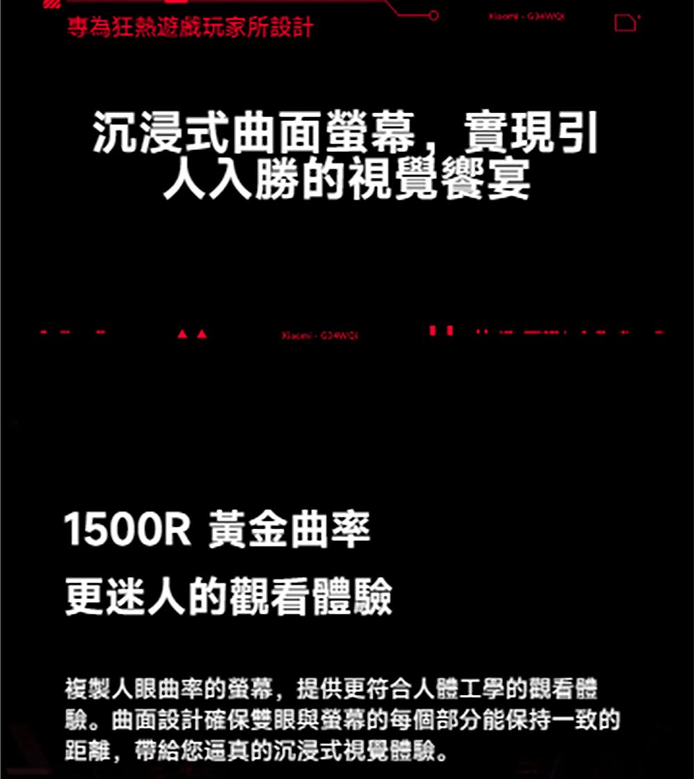 專為狂熱遊戲玩家所設計沉浸式曲面螢幕,實現引人入勝的視覺饗宴1500R 黃金曲率更迷人的觀看體驗複製人眼曲率的螢幕,提供更符合人體工學的觀看體驗。曲面設計確保雙眼與螢幕的每個部分能保持一致的距離,帶給您逼真的沉浸式視覺體驗。