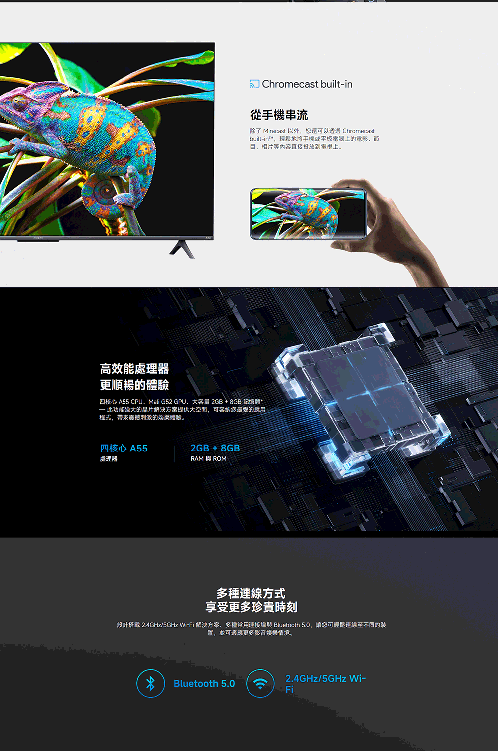Chromecast built-in從手機串流除了 Miracast 以外,您還可以透過 Chromecastbuilt-in™,輕鬆地將手機或平板電腦上的電影節、相片等内容直接投放到電視上。高效能處理器更順暢的體驗四核心 A55 CPU、Mali G52 GPU、大容量 2GB+8GB 記憶體* 此功能強大的晶片解決方案提供大空間,可容納您最愛的應用程式,帶來震撼刺激的娛樂體驗。四核心 A552GB+8GB處理器RAM ROM多種連線方式享受更多珍貴時刻設計搭載 2.4GHz/5GHz Wi-Fi 解決方案、多種常用連接埠與 Bluetooth 5.0,讓您可輕鬆連線至不同的裝置,並可適應更多影音娛樂情境。2.4GHz/5GHz Wi-Bluetooth 5.0Fi