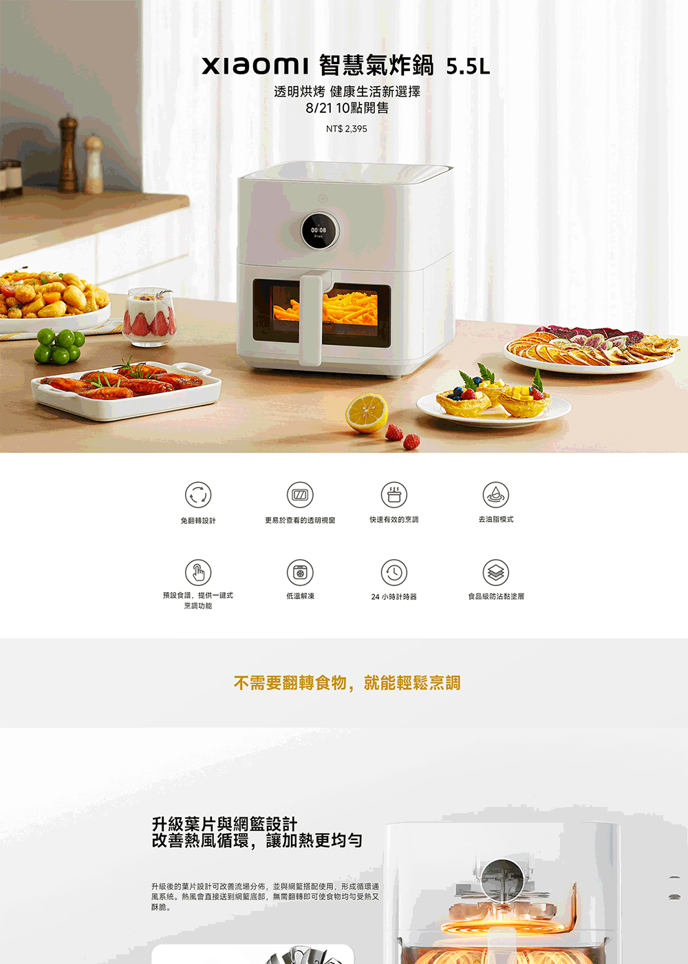 xiaomi 智慧氣炸鍋 5.5L透明烘烤 健康生活新選擇8/21 10點開售NT$ 2,39500:08免翻轉設計更易於查看的透明視窗快速有效的烹調去油脂模式預設食譜,提供一鍵式低溫解凍24 小時計時器食品級防沾黏塗層烹調功能不需要翻轉食物,就能輕鬆烹調升級葉片與網籃設計改善熱風循環,讓加熱更均勻升級後的葉片設計可改善流場分佈,並與網籃搭配使用,形成循環通風系统。直接送到網籃底部,無需翻轉即可使食物均匀受热又酥脆。