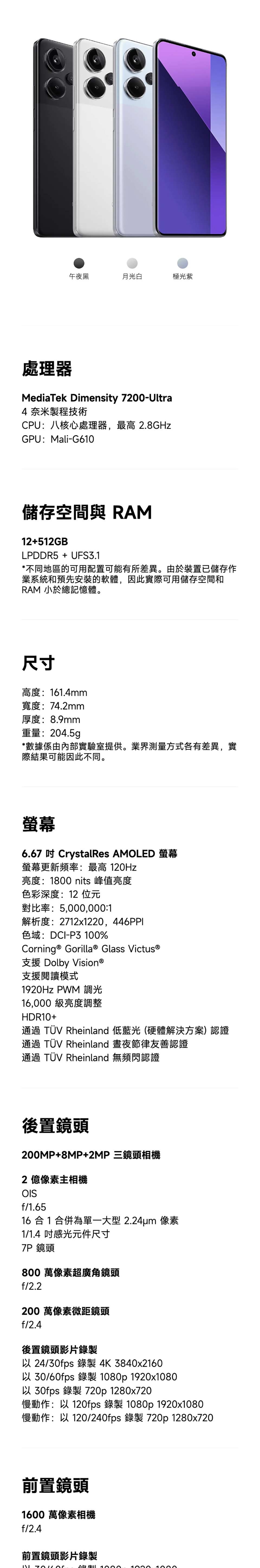 午夜黑月光白極光紫處理器MediaTek Dimensity 7200Ultra4奈米製程技術CPU:八核心處理器,最高2.8GHzGPU:Mali-G610儲存空間與 RAM12+512GBLPDDR5 + UFS3.1*不同地區的可用配置可能有所差異。由於裝置已儲存作業系統和預先安裝的軟體,因此實際可用儲存空間和RAM 小於總記憶體。尺寸高度:161.4mm寬度:74.2mm厚度:8.9mm重量:204.5g*數據係由內部實驗室提供。業界測量方式各有差異,實際結果可能因此不同。螢幕6.67  CrystalRes AMOLED 螢幕螢幕更新頻率:最高 120Hz亮度:1800 nits 峰值亮度色彩深度:12 位元對比率:5,000,000:1解析度:2712x1220,446PPI色域:DCI-P3 100%Corning® Gorilla® Glass 支援 Dolby Vision®支援閱讀模式1920Hz PWM 調光16,000級亮度調整HDR10+通過 TÜV Rheinland 低藍光(硬體解決方案)認證通過 TÜV Rheinland 晝夜節律友善認證通過 TÜV Rheinland 無頻閃認證後置鏡頭200MP+8MP+2MP三鏡頭相機2 億像素主相機OISf/1.6516 合 1 合併為單一大型2.24um 像素1/1.4 吋感光元件尺寸7P 鏡頭800 萬像素超廣角鏡頭f/2.2200 萬像素微距鏡頭f/2.4後置鏡頭影片錄製 24/30fps 錄製4K 3840x2160以 30/60fps 錄製 1080p 1920x1080以30fps 錄製 720p 1280x720慢動作:以 120fps 錄製 1080p 1920x1080慢動作: 120/240fps 錄製 720p 1280x720前置鏡頭1600 萬像素相機f/2.4前置鏡頭影片錄製