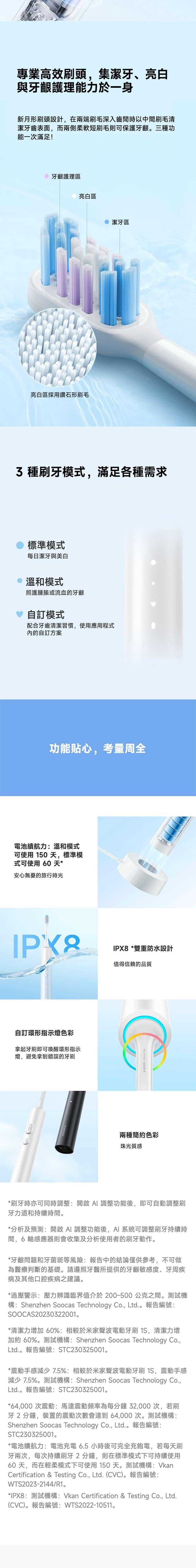 專業高效刷頭,集潔牙、亮白與牙齦護理能力於一身新月形刷頭設計,在兩端刷毛深入齒間時以中間刷毛清潔牙齒表面,而兩側柔軟短刷毛則可保護牙齦。三種功能一次滿足!牙齦護理區亮白區亮白區採用鑽石形刷毛潔牙區3 種刷牙模式,滿足各種需求標準模式每日潔牙與美白 溫和模式照護腫脹或流血的牙齦♡ 自訂模式配合牙齒清潔習慣,使用應用程式內的自訂方案功能貼心,考量周全電池續航力:溫和模式可使用 150天,標準模式可使用 60 天*安心無憂的旅行時光IPX8 *雙重防水設計值得信賴的品質自訂環形指示燈色彩拿起牙刷即可喚醒環形指示燈,避免拿到錯誤的牙刷兩種簡約色彩珠光質感*刷牙時亦可同時調整:開啟 調整功能後,即可自動調整刷牙力道和持續時間。*分析及預測:開啟 調整功能後,AI系統可調整刷牙持續時間,6軸感應器則會收集及分析使用者的刷牙動作。*牙齦問題和牙菌斑等風險:報告中的結論僅供參考,不可做為醫療判斷的基礎。請遵照牙醫所提供的牙齦敏感度、牙周疾病及其他口腔疾病之建議。*過壓警示:壓力辨識臨界值介於 200-500公克之間。測試機構:Shenzhen Soocas Technology Co., Ltd報告編號:SOOCAS20230322001。*清潔力增加60%:相較於米家聲波電動牙刷 ,清潔力增加60%。測試機構: Shenzhen Soocas Technology Co.,約Ltd.。報告編號:STC230325001。*震動手感減少7.5%:相較於米家聲波電動牙刷S,震動手感減Shenzhen Soocas Technology Co.,少7.5%。測試機構:Ltd.。報告編號:STC230325001。*64,000 次震動:馬達震動頻率為每分鐘32,000 次,若刷牙2分鐘,裝置的震動次數會達到 64,000次。測試機構:Shenzhen Soocas Technology Co., Ltd.。報告編號:STC230325001。*電池續航力:電池充電 6.5小時後可完全充飽電,若每天刷牙兩次,每次持續刷牙2分鐘,則在標準模式下可持續使用60 天,而在輕柔模式下可使用150天。測試機構:VkanCertification & Testing Co., Ltd. (CVC)。報告編號:WTS2023-2144/R1。*IPX8:測試機構:Vkan Certification & Testing Co., Ltd.(CVC)。報告編號:WTS2022-10511。