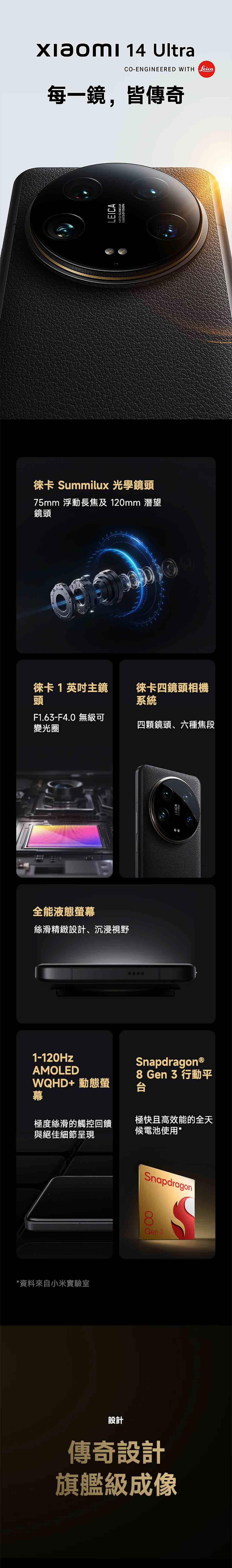 xiaomi 14 UltraCOENGINEERED WITH 每一鏡,皆傳奇LEICA-徠卡 Summilux 光學鏡頭75mm 浮動長焦及 120mm 潛望鏡頭徠卡 1 英吋主鏡頭徠卡四鏡頭相機系統F1.63-F4.0 無級可變光圈四顆鏡頭、六種焦段全能液態螢幕絲滑精緻設計、沉浸視野LEICA1-120HzAMOLEDWQHD+ 動態螢SnapdragonⓇ8 Gen 3 行動平台幕極度絲滑的觸控回饋與絕佳細節呈現極快且高效能的全天候電池使用**資料來自小米實驗室SnapdragonGen 3設計傳奇設計旗艦級成像