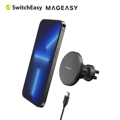 SwitchEasy 魚骨牌 MagMount 磁吸無線充電 黏膠底座+冷氣風口夾 二合一車用手機支架