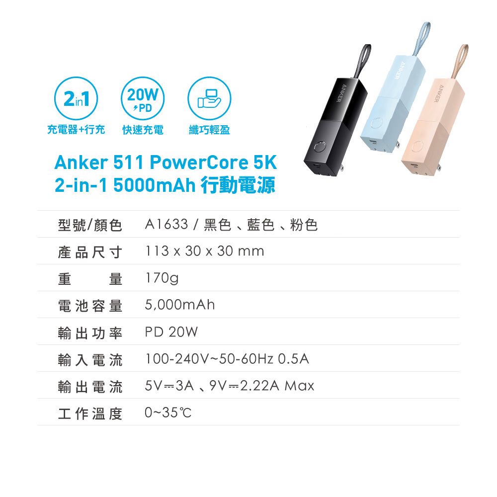 ANKER A1633 PowerCore 5000mAh 行動電源 (自帶AC插頭) 口紅機 |原廠公司貨