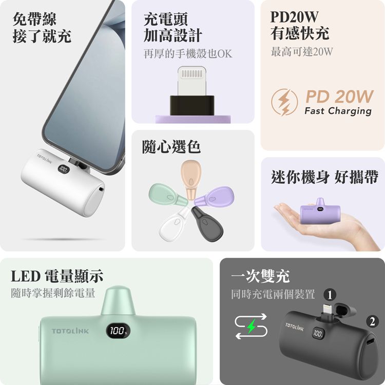 TOTOLINK iPuppy5000L Lightning 20W PD快充 直插式行動電源 口袋電源 免傳輸線(蘋果 iPhone14 以下專用)