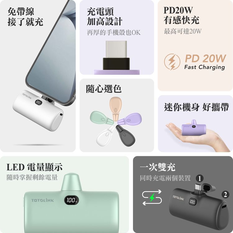 TOTOLINK iPuppy5000C Type-C 20W PD快充 直插式行動電源 口袋電源 免傳輸線(安卓&蘋果 iPhone15 16專用)