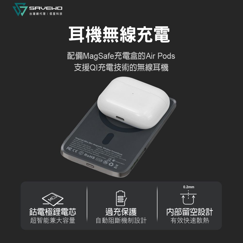 台灣總代理信星科技耳機無線充電配備MagSafe充電盒的Air Pods支援充電技術的無線耳機MCU          FC CE   0.2mm鈷電極鋰電芯超智能兼大容量過充保護自動阻斷機制設計內部留空設計有效快速散熱