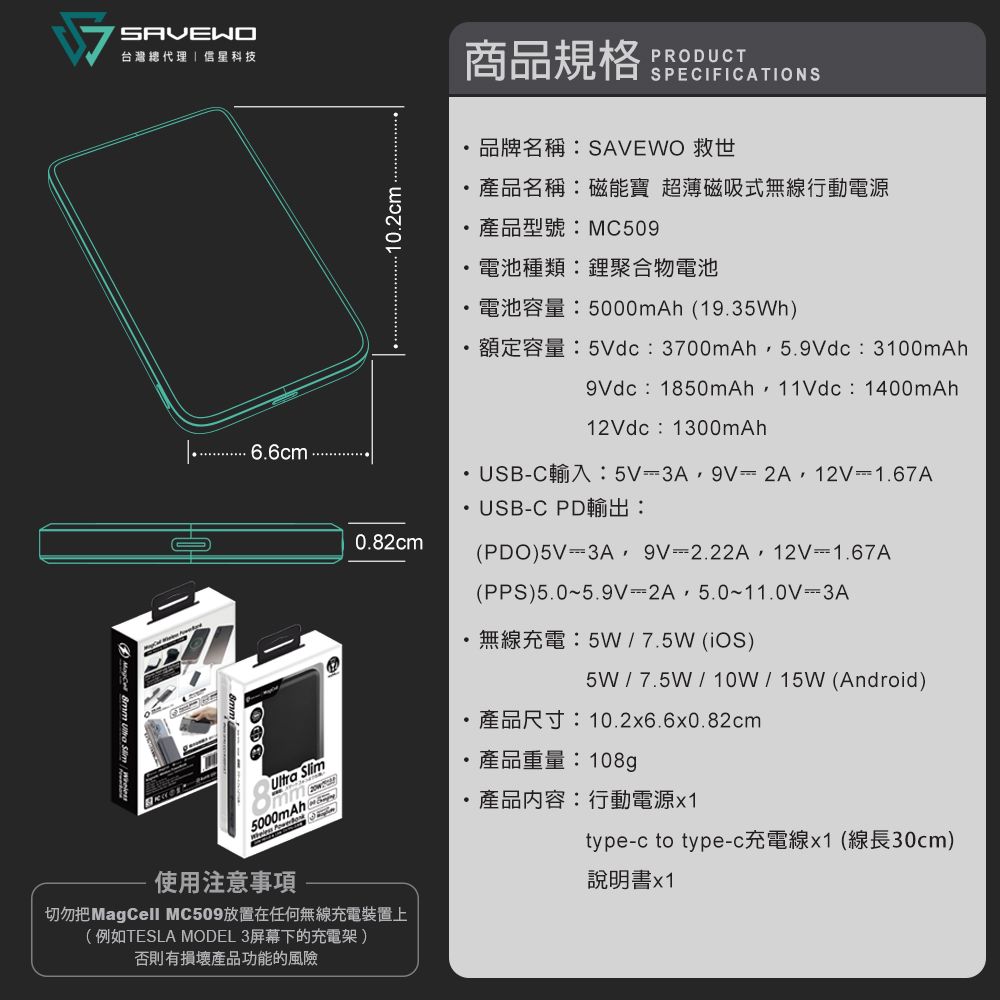 台灣總代理信星科技商品規格PRODUCTSPECIFICATIONS102cm.品牌名稱SAVEWO 救世產品名稱:磁能寶 超薄磁吸式無線行動電源產品型號:MC509電池種類:鋰聚合物電池5000mAh (19.3h)   6.6cm8 5000mAh使用注意事項0.82cm切勿把MagCell MC509放置在任何無線充電裝置上(例如TESLA MODEL 3屏幕下的充電架 )否則有損壞產品功能的風險5Vdc 3700mAh 5.dc 3100mAh9Vdc 1850mAh 11Vdc 1400mAh12Vdc 1300mAh USBC 5V3A 9V2A 12V1.67A USBC PD:(PDO)5V 3A 9V2.22A 12V1.67A(PPS)5.05.9V2A 5.03A5W 7.5W ()5W7.5W10W15W (Android)R 10.2x6.6x0.82cm產品重量:108g產品内容: 行動電源1type-c to type- (30cm)說明書x1