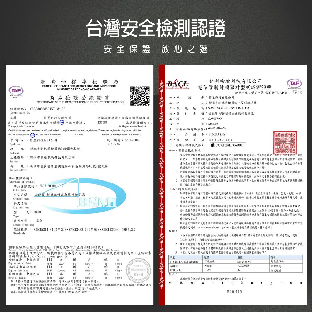 台灣安全測認證安全保證 放心之選濟標準檢局TAFBUREAU OF STANDARDSMETROLOGY AND INSPECTIONMINISTRY OF ECONOMIC AFFAIRS商品證登錄證書CERTIFICATE OF THE REGISTRATION OF PRODUCT CERTIFICATION證書號碼 CI3C30880157號 Certificate 據信星科技有限公定准予登錄並使用商品安全標章識別號碼申請驗證登錄經審查結果符合規R3C088其登錄事項如下The application made for Registration   has been reviewed and found to be in compliance with related regulations Therefore registration is granted with theProduct  Mark and the Identification No申請人:信星科技有限公司址:新北市樹林園街1段6533號 Details of the registration are follows:統編號: 68142104Uniform Address生產場 :深圳市樂數碼科技有限公司Factory廠址:深圳市龍崗區寶龍街道同心社區同力路66號7號廠房Factory Address商品種類名稱:Type/ of product商品分類號列: CCC Code中文名稱 : 磁寶 磁吸式無線行動電源Chinese 英文名稱 :English name式: MC509Type系列: 空白Series of the type據標準 : CNS15364102版CNS13438 95版)CNS143361 99版)Standards標準檢驗局發證發證址:100臺北市中正區濟南路1段4號)This certificate is  by the  No.  Sec.   .  . Taipei   )證書以電子文件行之所載內容若有不符之處以標準檢驗局系統登錄資料為主查詢證書資料網址:https://civil.bsmi.gov.tw登錄期:中華國11306Registration 2024 (year)06(month)06(day)證書有效期限至年1160605經濟部Expiration 2027(year)06(month)05(day)標準檢驗局發證期:中華民國113 年0606日BSMIDate of issue2024 (year)06(month)06(day)註】:證書進口驗證登錄商品進口人須與本證書名義人相同註2:次年度商品驗證登錄年費繳納期限為當年1130日逾期未繳納經限期繳納屆期未繳納,即依商品檢驗法42條第7款規定廢止驗證登錄,並自次年度1月1日起生效註3:本證書僅代表完成檢驗程序,不作為其他(如產地)證明。倍科檢驗科技有限公司TAF  電信管制射型式認證證明-請地三四器廠材 名五廠六、型證照字號:型式字第NCC-RCB-AP 號者:信星科技有限公司址: 新北市樹林區園街一段65巷33號商:SAVEWO ENERGY LIMITED稱:磁能寶超薄磁吸式無線行動電源牌:SAVEWOR24077號:MC509七、發射功率(電場強度):66.45 dBuV/m八工 作頻率:110-205 kHz九、審驗日期:113年03月08日十、審驗合格標籤式樣:CCAP24LP0690TI頻用驗司檢驗            十一、語標示要求:電信管制射頻器材取得審驗證明者、被授權使用審驗合格標籤符合性聲明標籤者,依規定,販賣:一、於本體明顯處標示審驗合格標籤符合性聲明標籤及其型號,並於包裝盒標示主管機關標章,最終產品於本體明顯處標示非即用射頻模組()之審驗合格標籤及最終產品型號,並於包装盒標示主管機關標章、二、依主管機關或相關技術規範規定於指定位標示正體中文警語。2. 於網際網路販賣電信管制射頻器材者,應於網際網路網頁標示其型號及審驗合格標籤或符合性聲明標籤資訊。但最終產品得僅標示其型號及其之非隨即用射頻模組(組件)之審驗合格標籤資訊。本電信管制射頻器材販賣時應隨附正體中文使用手冊或說明書,且所附之使用手冊或說明書之內容應與驗證機關(構)審驗合格版本相符。十二、特殊記載事項:說明:取得審驗證明之電信管制射頻器材或非隨即用射頻模組(組件),變更申請者、、型號、硬體、射頻功能、外觀、顏色、材質、電源供應方式、配件或天線時,除電信管制射頻器材審驗管理辦法另有規定外,應重新申請審驗。2.取得型式認證證明、符合性聲明證明或簡易符合性聲明證明者,除電信管制射頻器材審驗管理辦法另有規定外,應妥善保管申請審驗之電信管制射頻器材或非隨插即用射頻模組(組件)、外接電源、配件、外接天線、與檢驗報告或測試報告相符之測試治具及與檢驗報告或測試報告使用相同版本之測試軟體至該器材停止生產或停止輸入後五年。取得型式認證證明或符合性聲明證明者授權他人使用審驗合格標籤或符合性聲明標籤由取得審驗證明者於主管機關指定網站(https://necmember.noc.gov.tw/)登錄或委託原驗證機關(構)登錄。 本公司驗證部經主管機關委託之驗證機構(機構地址:22183新北市區路二段169巷70號、電話:02-2647-6898),核發本型式認證證明。2.請依上列型號、標籤式樣於電信管制射頻器材本體明顯處標示其型號及審驗合格標籤,並於包裝盒標示主管機關標章。但最終產品應於本體明顯處標示最終產品型號及上列標籤式樣,並於包裝盒標示主管機關標章。3.本器材之製造、輸入或販賣須遵守電信管理法相關規定,相關裝置說明如下:置廠牌110-205 kHz Coil 金能AdapterXiaomiBACL型號MP-2438-V4A07ZMUSUSB cable備註:本器材符合低功率射頻器材技術規範LP0002(3.6)節之規定。民 年第1頁共1頁說明增益值:N/A測試週邊測試週邊03月 08日