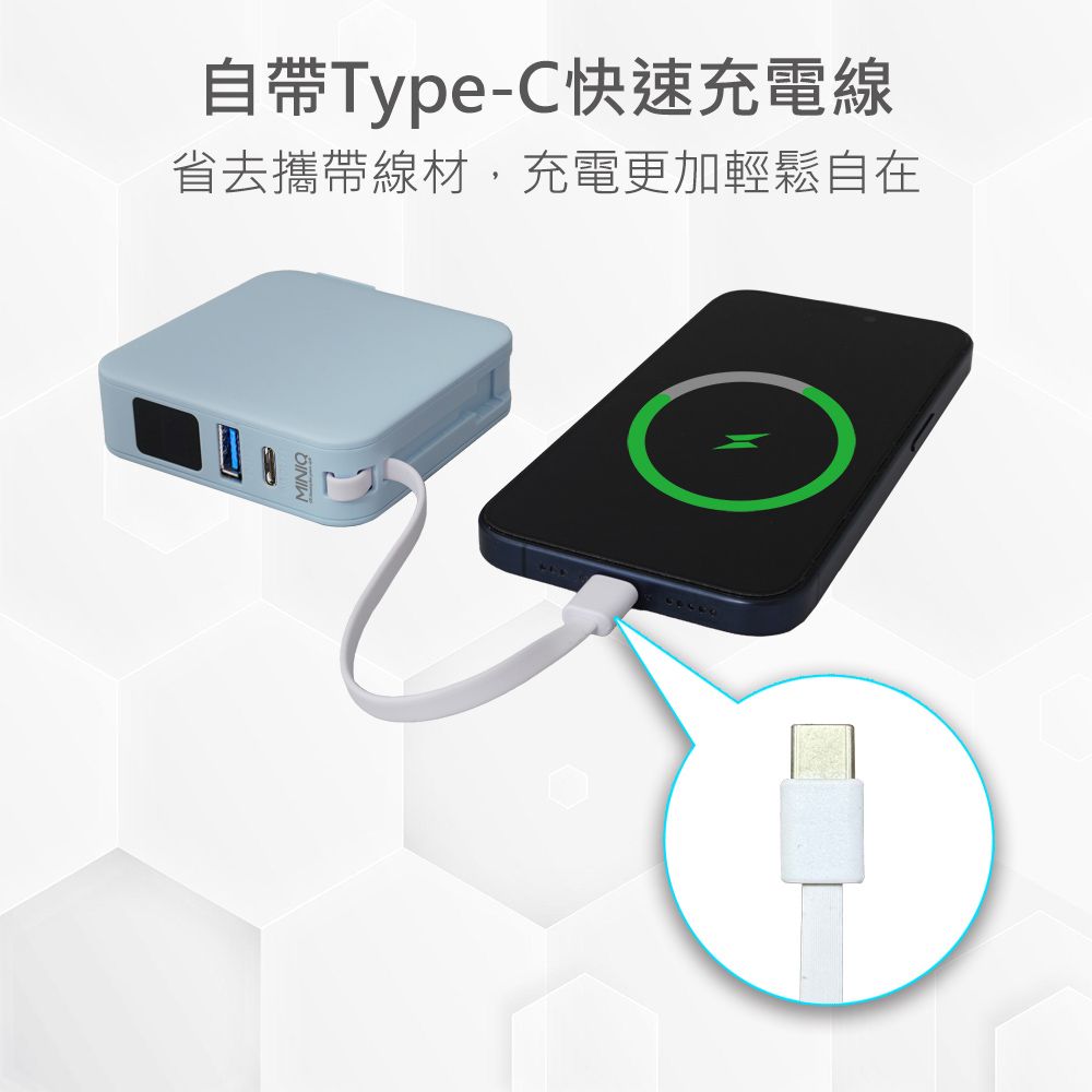 miniQ 台灣製造 自帶Type-C快充線/AC插頭/LED數顯 多合一行動電源(附贈出國轉接頭)