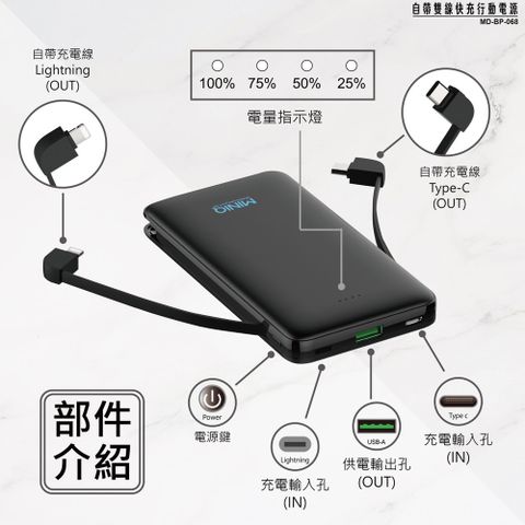 台灣製造 自帶雙線 快充版 Lightning/Type-C 大容量行動電源
