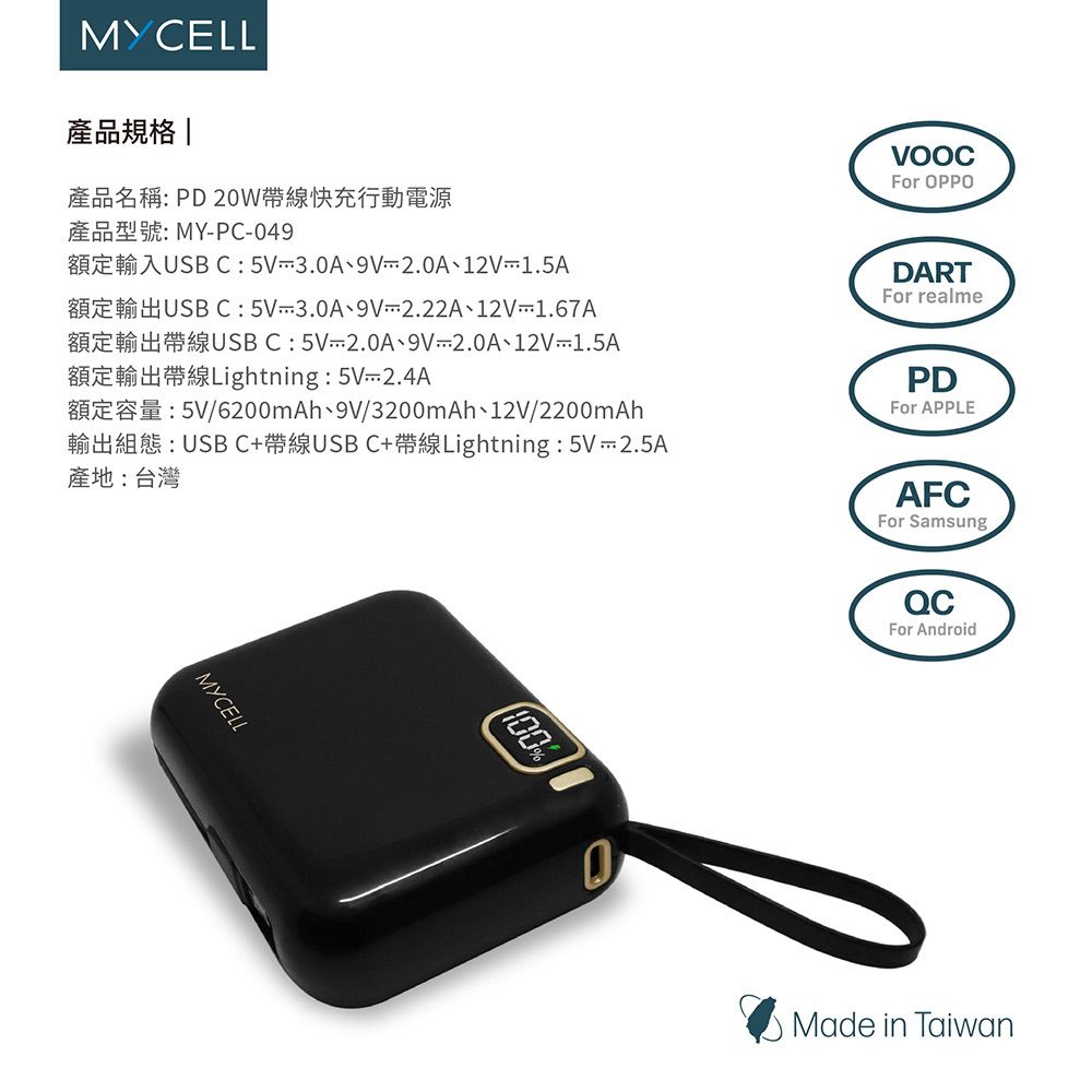 MYCELL產品規格 |產品名稱PD20W帶線快充行動電源MYPC049US C  3.0A  2.0A 12V 1.5AUSBC 5V 3.0A  2.22A 12V1.67AUSB C 5V2.0A 9V2.0A 12V 1.5ALightning 5V-2.4A5V/6200mAh 9V/3200mAh 12V/2200mAhB USB CUSB CLightning: 5V-2.5A產地:台灣DARTFor realmeVOOCFor OPPOPDFor APPLEAFCFor SamsungMYCELL%асFor AndroidMade in Taiwan