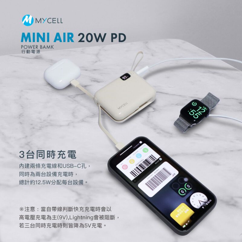 MMYCELLMINI AIR 20W PDPOWER AMK行動電源3台同時充電內建兩條充電線和USBC孔,同時為兩台設備充電時,總計約12.5W分配每台設備。MYCELL注意:當自帶線判斷快充充電時會以高電壓充電為主(9V),Lightning會被阻斷,若三台同時充電時則皆降為5V充電。55 B