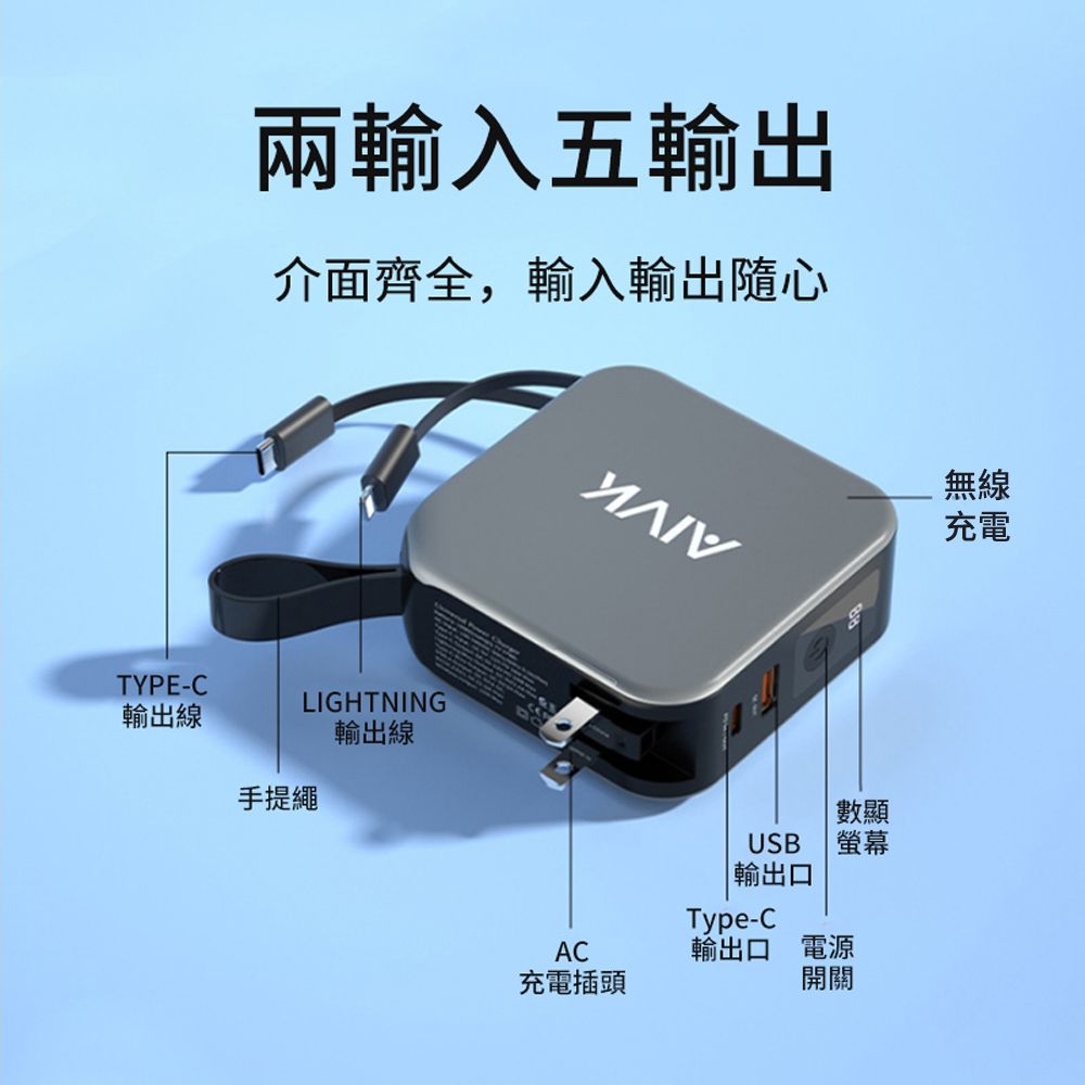  AIVK 五合一 多功能magsafe磁吸無線充行動電源 PD\QC快充 迷你便攜自帶充電線充電寶 10000mAh