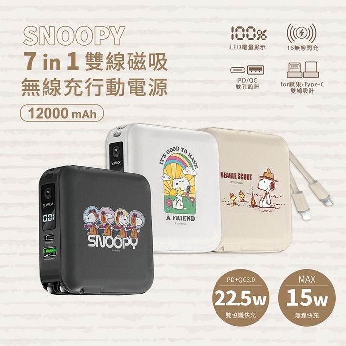 SNOOPY 史努比   12000mAh 七合一磁吸快充行動電源