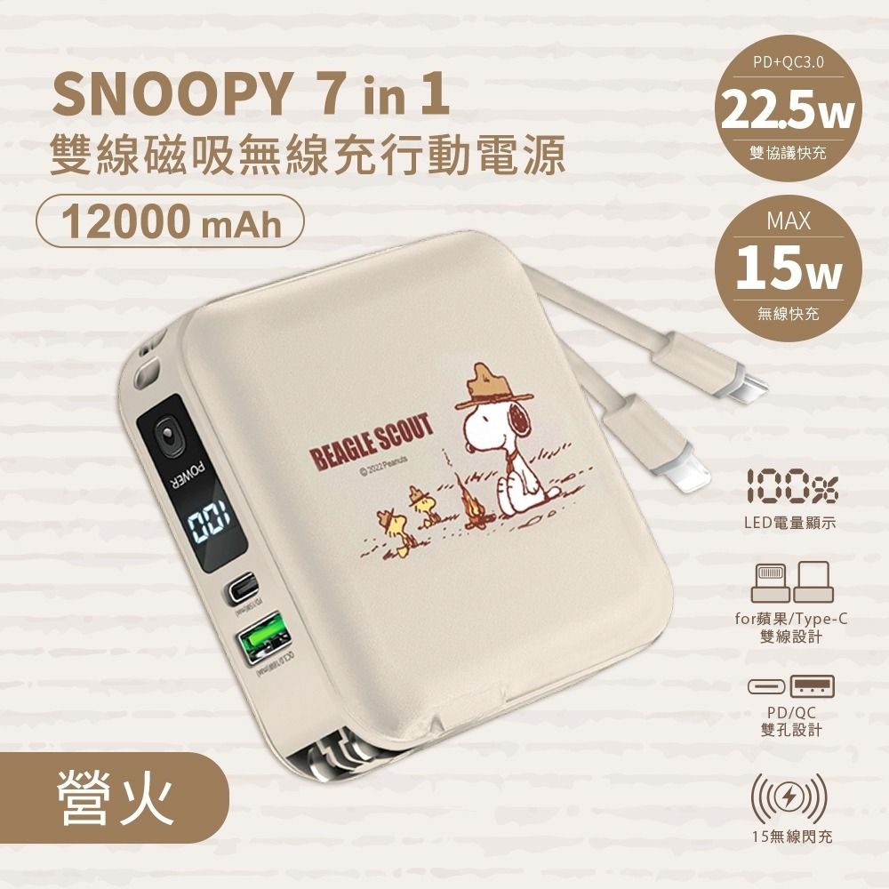 SNOOPY 史努比   12000mAh 七合一磁吸快充行動電源