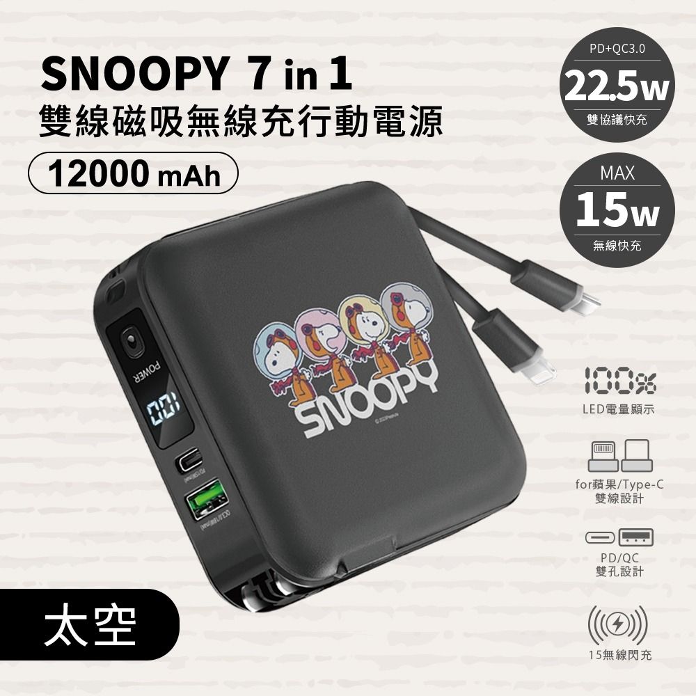 SNOOPY 史努比   12000mAh 七合一磁吸快充行動電源