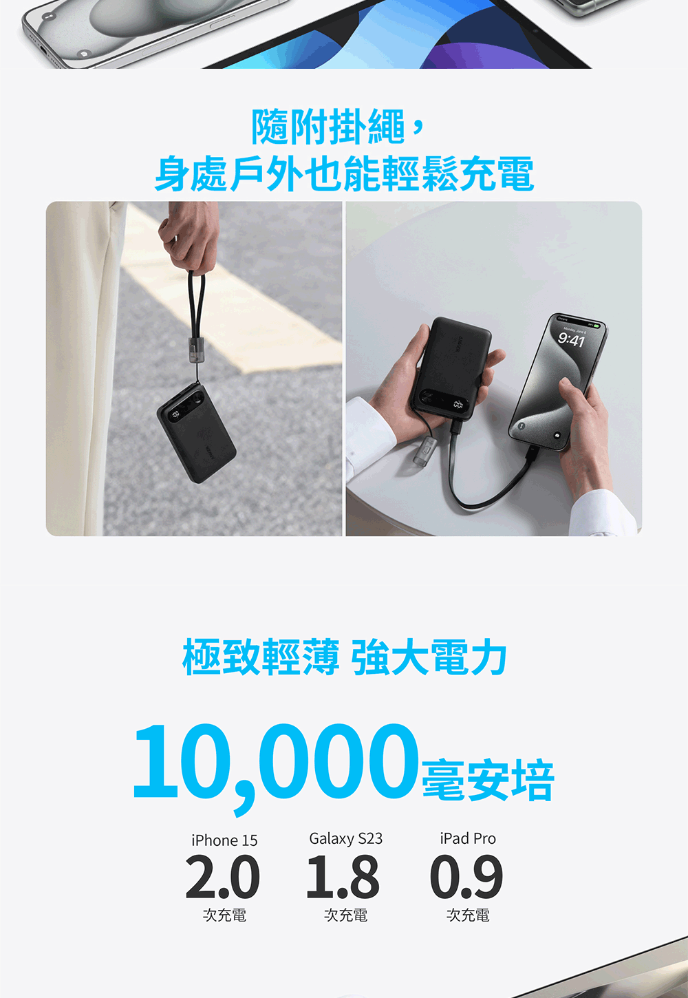 隨附掛繩,身處戶外也能輕鬆充電極致輕薄 強大電力10,000毫安培iPhone 15Galaxy S23iPad Pro2.0 1.8 0.9次充電次充電次充電9:41