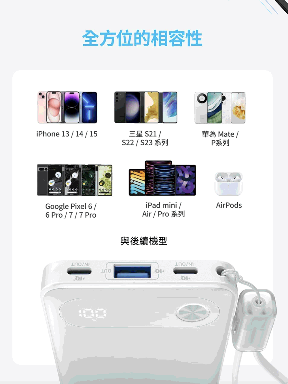 全方位的相容性三星 S21 /iPhone 13 / 14 / 15華為Mate /S22 / S23 系列P系列Google Pixel 6/iPad mini /AirPods6 Pro/7/7 ProAir / Pro 系列/NI與後續機型/NI