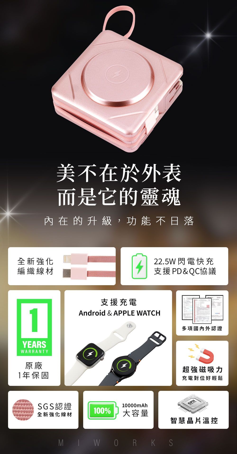 美不在於外表而是它的靈魂內在的升級,功能不日落全新強化編織線材1YEARSWARRANTY原廠1年保固支援充電22.5W 閃電快充支援PD&QC協議Android & APPLE WATCH多項國內外認證超強磁吸力充電對位好輕鬆SGS認證全新強化線材100%10000mAhCPU大容量智慧晶片溫控 WORKS