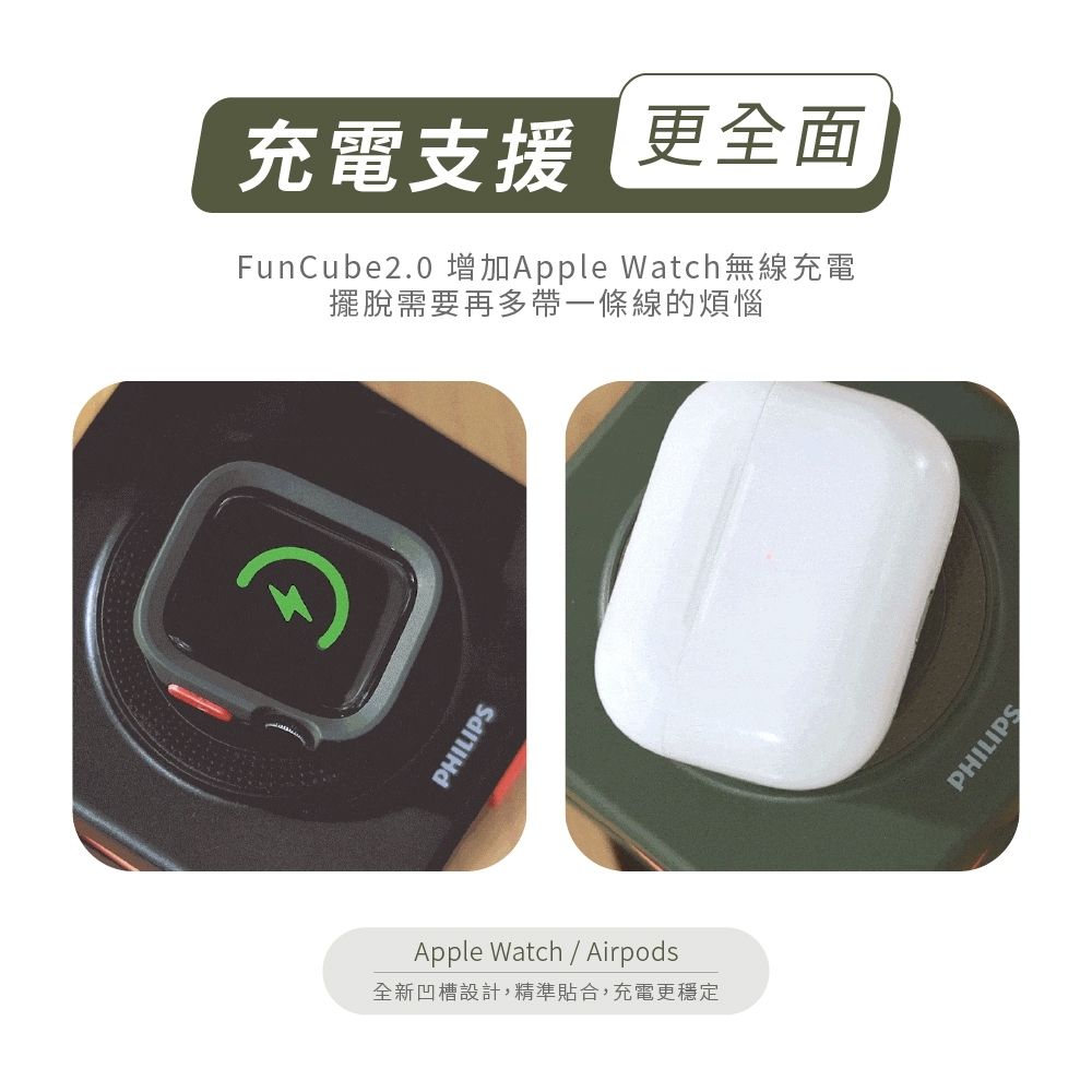 充電支援 更全面FunCube2.0 增加Apple Watch無線充電擺脫需要再多帶一條線的煩惱PHILIPSApple Watch Airpods全新凹槽設計,精準貼合,充電更穩定PHILIPS