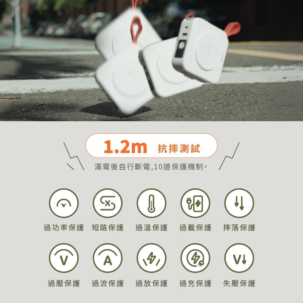 1.2m 抗摔測試滿電後自行斷電,10道保護機制。 過功率保護 短路保護 過溫保護過載保護 摔落保護A過壓保護過流保護過放保護過充保護 失壓保護