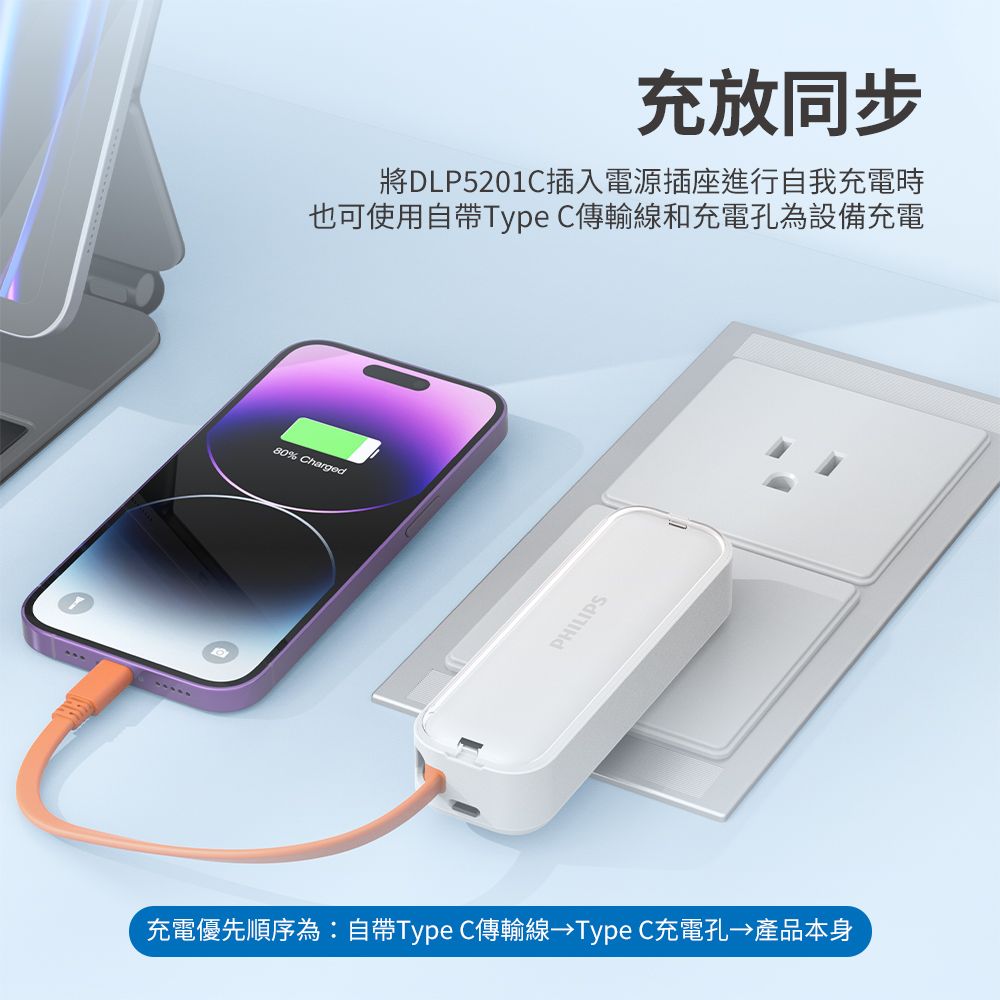 80% Charged充放同步將DLP5201C插入電源插座進行自我充電時也可使用Type C傳輸線和充電孔為設備充電PHILIPS充電優先順序為:自帶Type C傳輸線Type C充電孔→產品本身