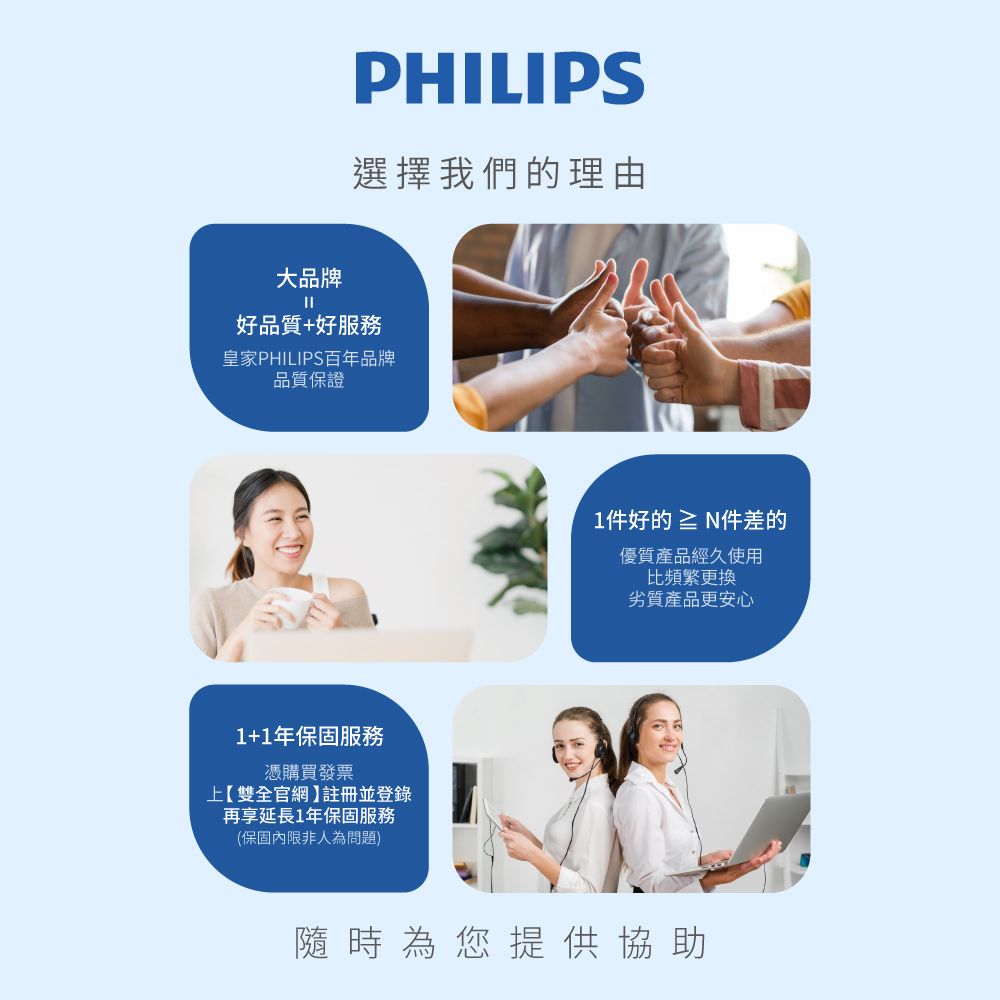 大品牌PHILIPS選擇我們的理由好品質+好服務皇家PHILIPS百年品牌品質保證1+1年保固服務憑購買發票上雙全官網註冊並登錄再享延長1年保固服務(保固內限非人為問題)1件好的  N件差的優質產品經久使用比頻繁更換劣質產品更安心隨時為您提供協助