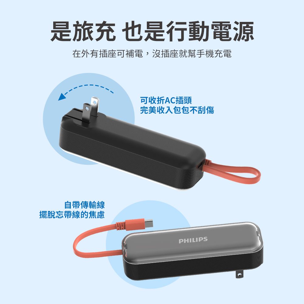 PHILIPS 飛利浦 22.5W AC自帶Type-C線 旅充式行動電源 (三色可選) DLP5201C (17.88Wh)