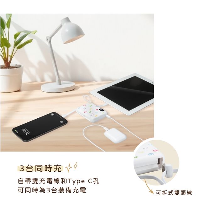 3台同時充自帶雙充電線和Type C孔可同時為3台裝備充電可拆式雙頭線
