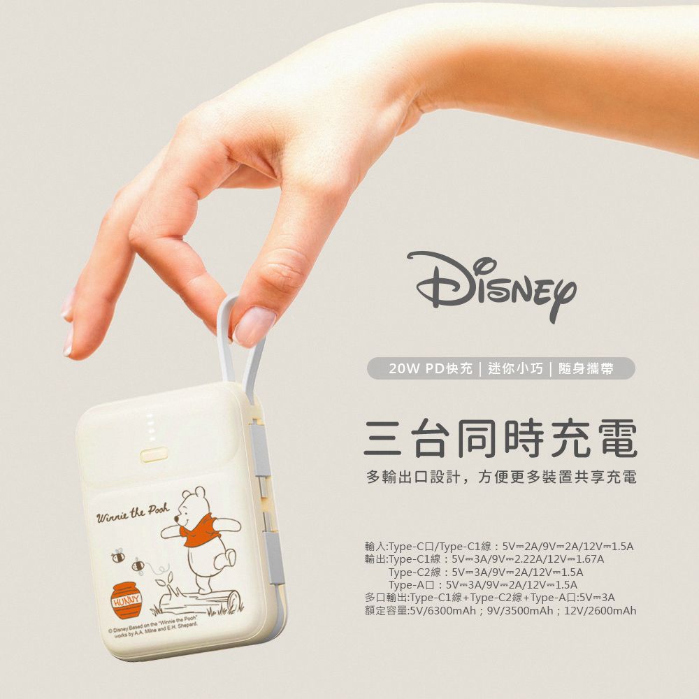 20W PD快充  迷你小巧 | 隨身攜帶Winnie the 三台同時充電多輸出設計,方便更多裝置共享充電   on the Winnie the  by AA  and  Shepard輸入:TypeC/Type線:5V2A/9V2A/12V-1.5A輸出:Type-C1線:5V-3A/9V-2.22A/12V-1.67AType-C2線:5V-3A/9V2A/12V-1.5AType-A口:5V 3A/9V2A/12V-1.5A多口輸出:Type-C1線+Type-C2線+Type-A :5V-3A額定容量:5V/6300mAh9V/3500mAh;12V/2600mAh