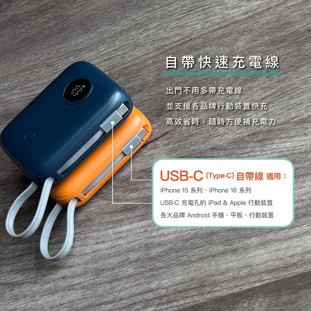 自帶快速充電線出門不用多帶充電線並支援各品牌行動裝置快充高效省時,隨時方便補充電力USB-C (Type-C)自帶線 適用:iPhone 15 系列、iPhone 16系列USB-C 充電孔的 iPad & Apple 行動裝置各大品牌 Android 手機、平板、行動裝置