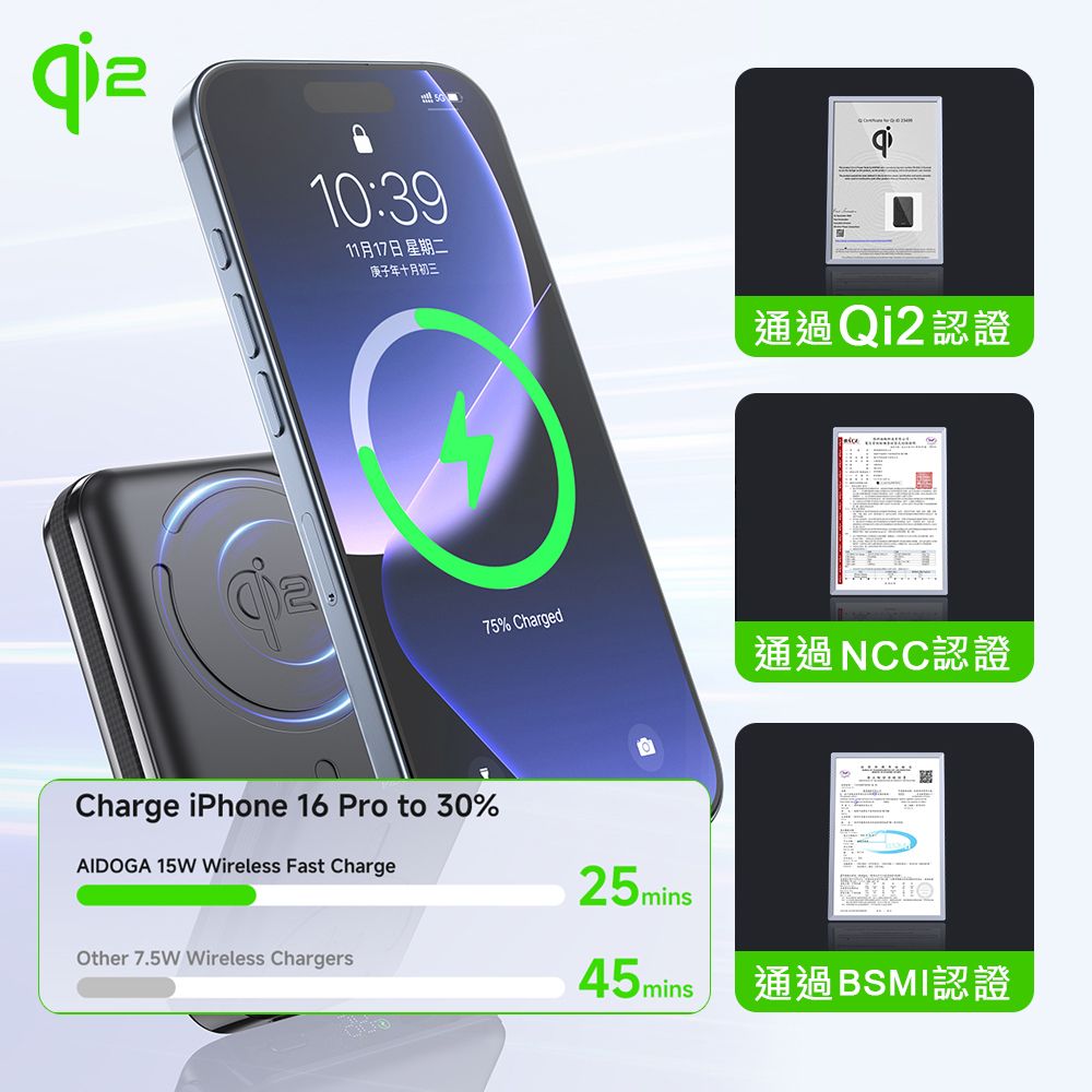  AIDOGA 艾迪伽 Qi2 10000mAh 可上飛機 磁吸無線充電行動電源手機支架充電線 兼容Magsafe PowerMag