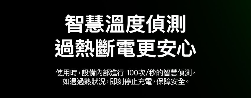 智慧溫度偵測過熱斷電更安心使用時,設備內部進行100次/秒的智慧偵測,如遇過熱狀況,即刻停止充電,保障安全。