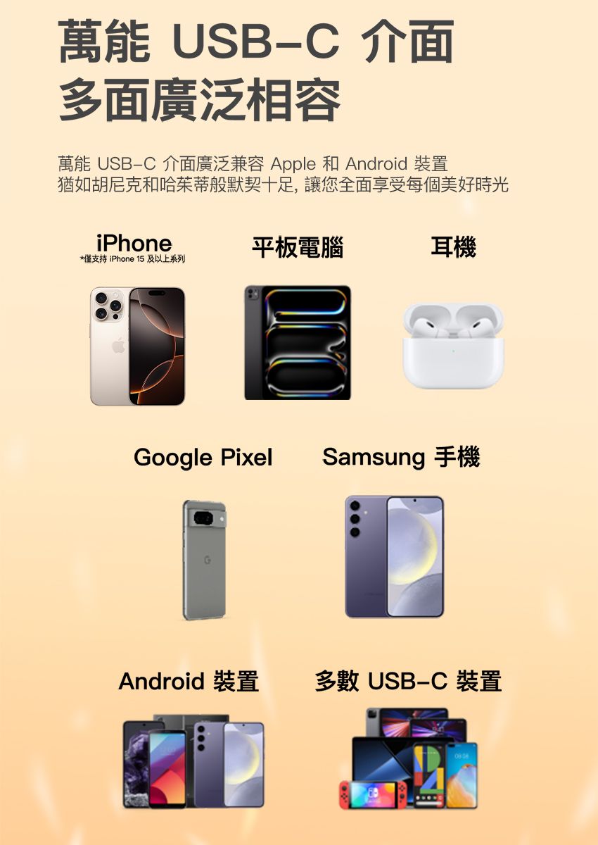 萬能 USBC 介面多面廣泛相容萬能 USB-C 介面廣泛兼容 Apple 和 Android 裝置猶如胡尼克和哈茱蒂般默契十足,讓您全面享受每個美好時光iPhone平板電腦耳機*僅支持iPhone 15及以上系列Google PixelSamsung 手機Android 裝置多數 USB-C 裝置