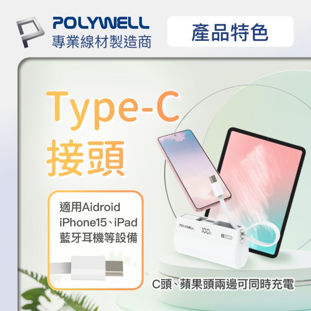 POLYWELL 寶利威爾 直插隨身行動電源 5000mAh 18W