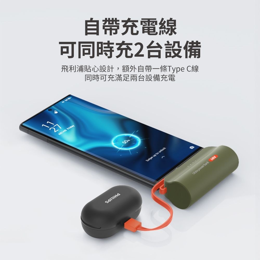 PHILIPS 飛利浦 附帶線+支架+直插式4900mAh快充行動電源-蘋果/安卓多色可選