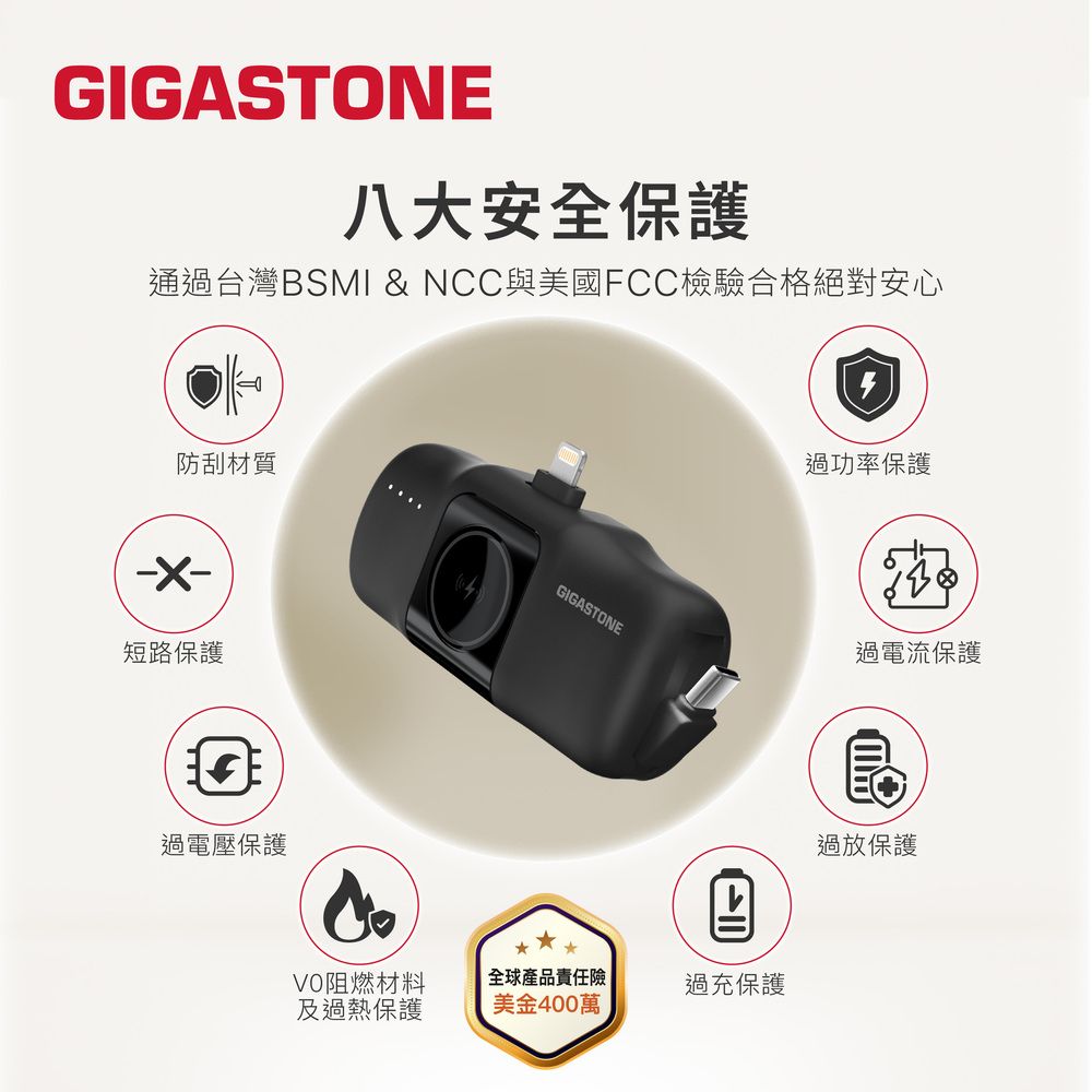 GIGASTONE八大安全保護通過台灣BSMI & NCC與美國FCC檢驗合格絕對安心防刮材質短路保護過電壓保護阻燃材料及過熱保護GIGASTONE全球產品責任險美金400萬過充保護過功率保護過電流保護過放保護