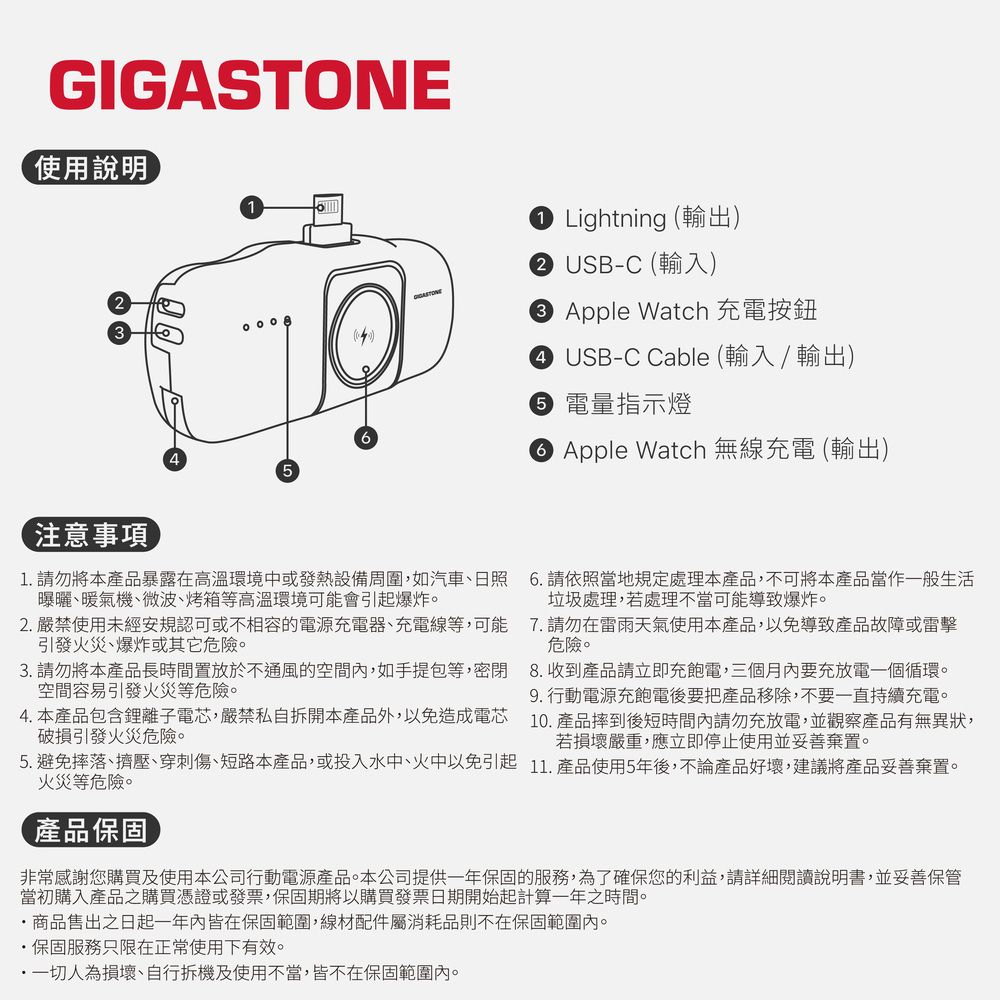 使用說明GIGASTONE Lightning (輸出) USB-C (輸入) Apple Watch 充電按鈕 USB-C Cable (輸入/輸出) 電量指示燈 Apple Watch 無線充電 (輸出)注意事項1 請勿將本產品暴露在高溫環境中或發熱設備周圍,如汽車日照6.請依照當地規定處理本產品,不可將本產品當作一般生活曝曬、暖氣機、微波、烤箱等高溫環境可能會引起爆炸。垃圾處理,若處理不當可能導致爆炸。2.嚴禁使用未經安規認可或不相容的電源充電器、充電線等,可能7.請勿在雷雨天氣使用本產品,以免導致產品故障或雷擊引發火災、爆炸或其它危險。危險。3. 請勿將本產品長時間置放於不通風的空間內,如手提包等,密閉8.收到產品請立即充飽電,三個月內要充放電一個循環。空間容易引發火災等危險。4. 本產品包含鋰離子電芯,嚴禁私自拆開本產品外,以免造成電芯破損引發火災危險。9. 行動電源充飽電後要把產品移除,不要一直持續充電。10.產品摔到後短時間內請勿充放電,並觀察產品有無異狀,若損壞嚴重,應立即停止使用並妥善棄置。5. 避免摔落、擠壓、穿刺傷、短路本產品,或投入水中、火中以免引起11.產品使用5年後,不論產品好壞,建議將產品妥善棄置。火災等危險。產品保固非常感謝您購買及使用本公司行動電源產品。本公司提供一年保固的服務,為了確保您的利益,請詳細閱讀說明書,並妥善保管當初購入產品之購買憑證或發票,保固期將以購買發票日期開始起計算一年之時間。商品售出之日起一年內皆在保固範圍,線材配件屬消耗品則不在保固範圍內。.保固服務只限在正常使用下有效。 一切人為損壞、自行拆機及使用不當,皆不在保固範圍內。