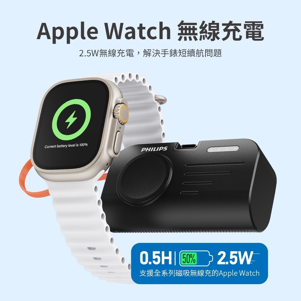 Apple Watch 無線充電2.5W無線充電,解決手錶短續航問題Current battery level is 100%PHILIPS0.5H % 2.5W支援全系列磁吸無線充Apple Watch
