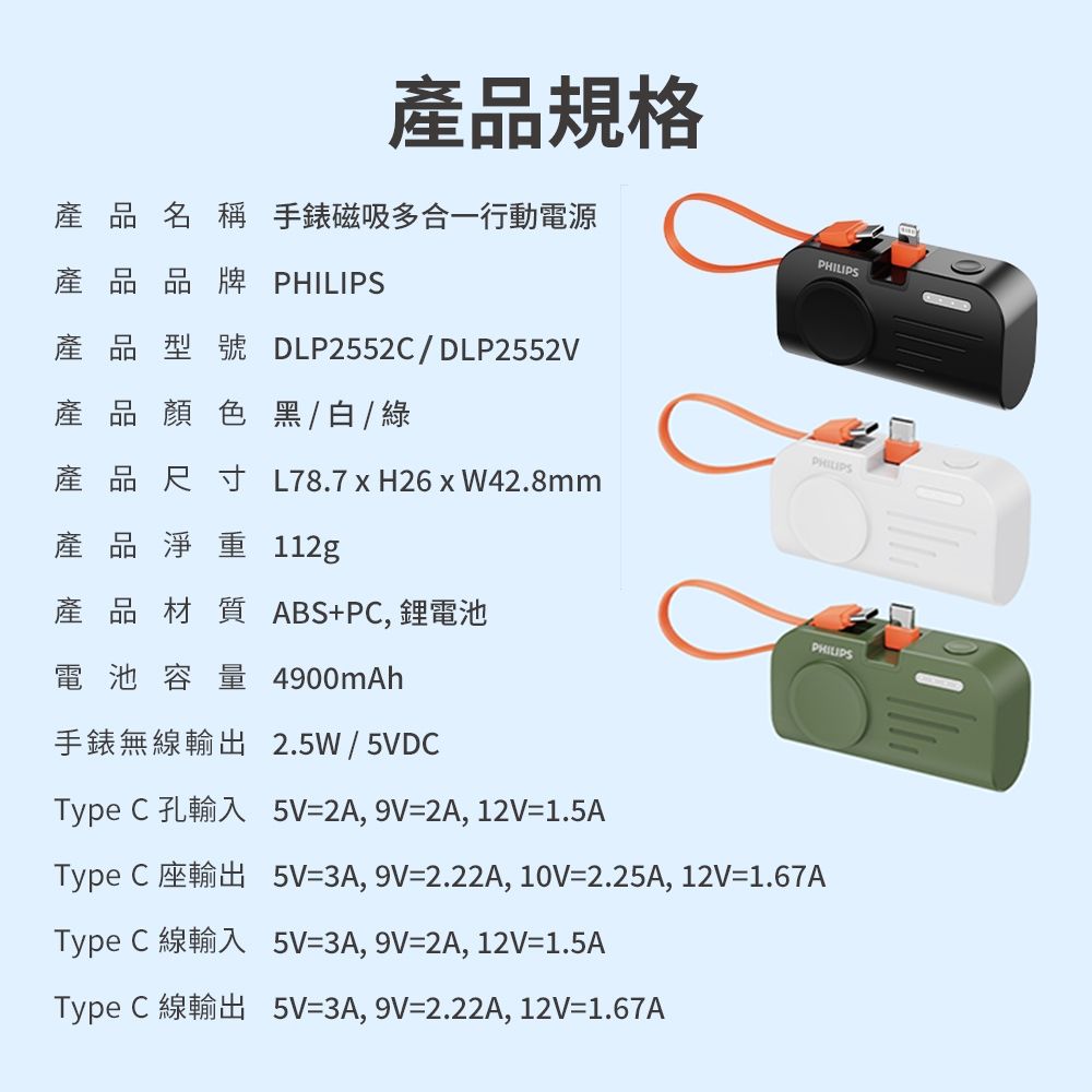 產品規格產品名稱 手錶磁吸多合一行動電源PHILIPS產品品牌 PHILIPS產品型號 DLP2552C/DLP2552V產品顏色黑/白/綠PHILIPS產品尺寸 L78.7 H26 W42.8mm產品淨重 112g產品材質ABS+PC,電池PHILIPS電池容量 4900mAh手錶無線輸出 2.5W/5VDCType C 孔輸入 5V=2A,9V=2A,12V=1.5AType C 座輸出5V=3A,9V=2.22A, 10V=2.25A, 12V=1.67AType C 線輸入 5V=3A, 9V=2A,12V=1.5AType C 線輸出5V=3A,9V=2.22A, 12V=1.67A