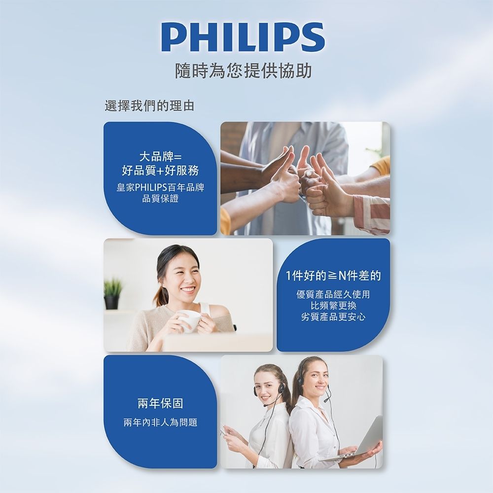 PHILIPS隨時為您提供協助選擇我們的理由大品牌=好品質+好服務皇家PHILIPS百年品牌品質保證兩年保固兩年內非人為問題1好的件差的優質產品經久使用比頻繁更換劣質產品更安心