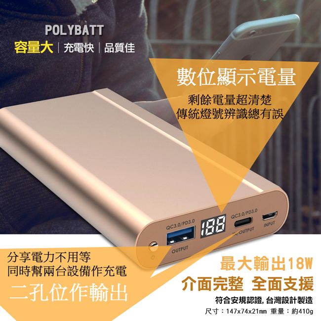 POLYBATT容量大|充電快|品質佳數位顯示電量剩餘電量超清楚傳統燈號辨識總有誤分享電力不用等同時幫兩台設備充電QC3.0/PD3.0OUTPUTINPUTOUTPUT二孔位作輸出最大輸出18W介面完整 全面支援符合安規認證,台灣設計製造尺寸:147x74x21mm 重量:約410g