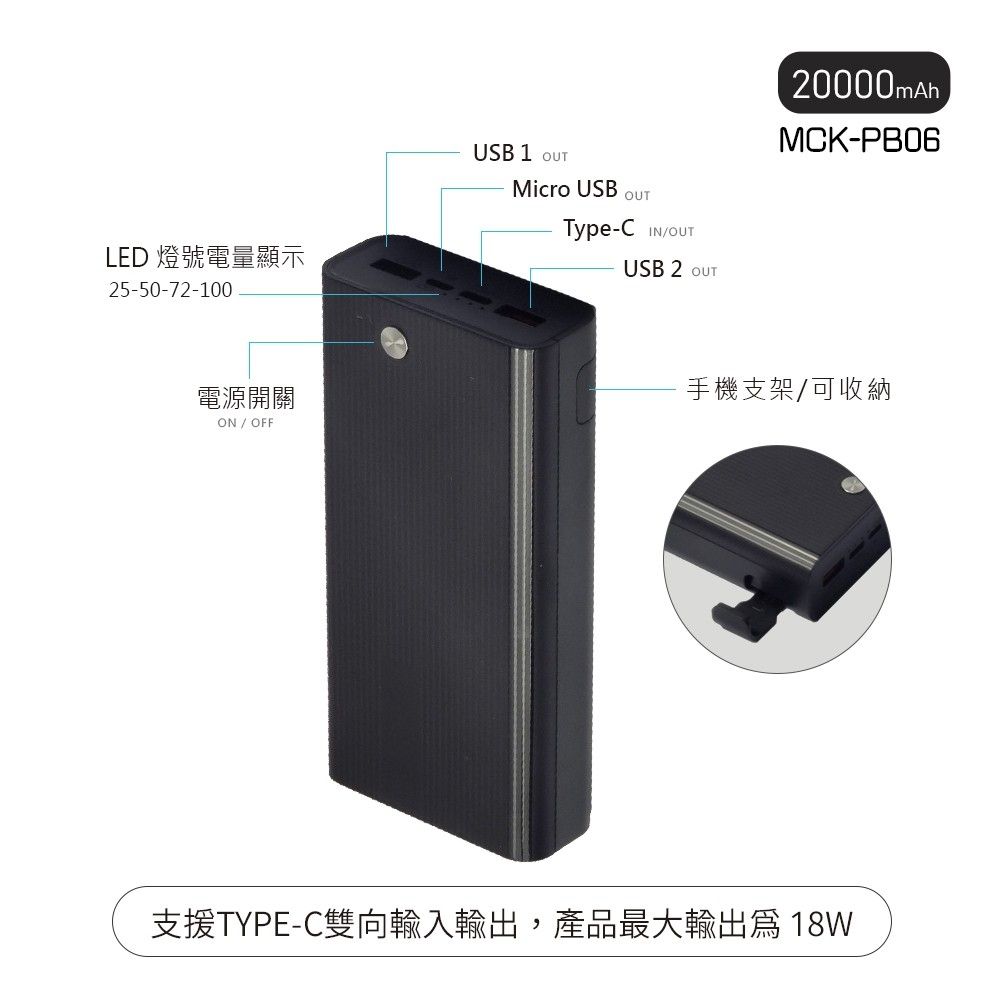  MIT電霸 PD+USB 18W 20000快充行動電源(自帶手機支架)台灣製造