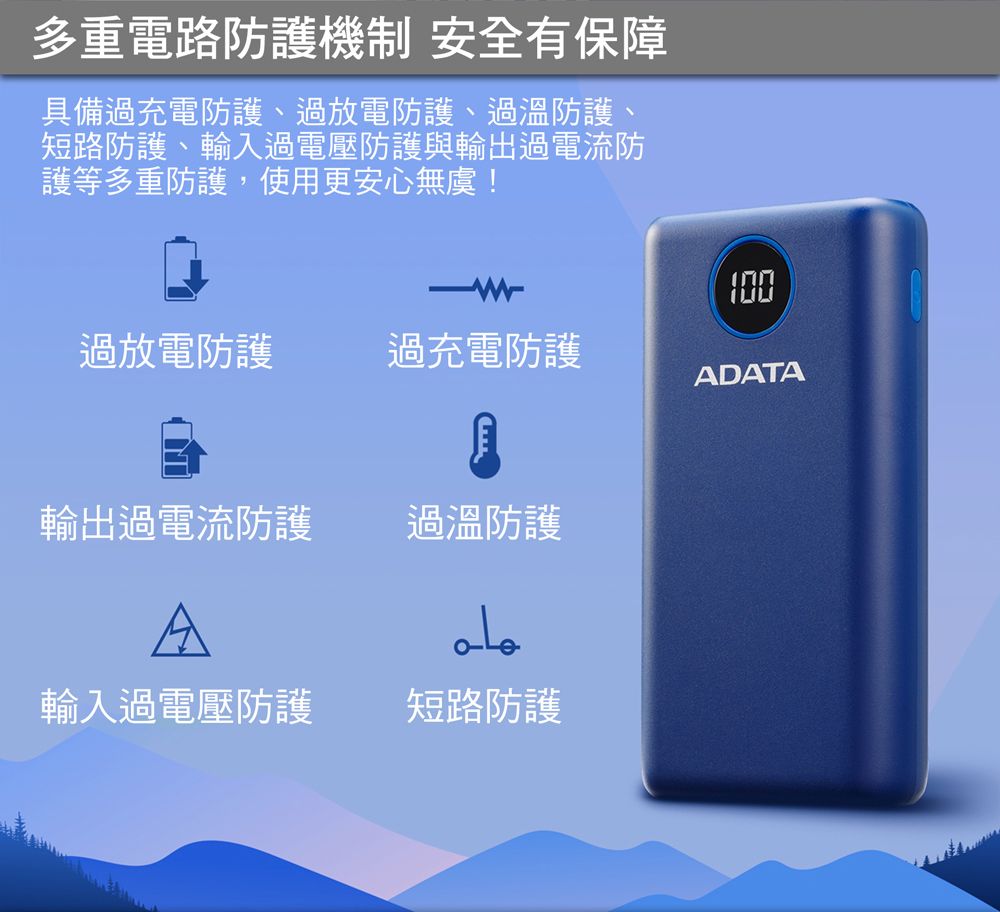 多重電路防護機制 安全有保障具備過充電防護、過放電防護、過溫防護短路防護、輸入過電壓防護與輸出過電流防護等多重防護,使用更安心無虞!100過放電防護過充電防護ADATA輸出過電流防護過溫防護A輸入過電壓防護短路防護